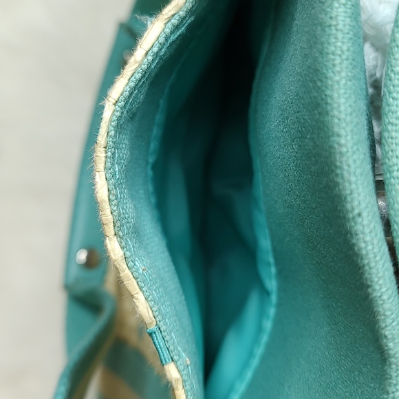 Vintage Tommy Hilfiger Straw & Cloth Handbag Turquoise Blue and Soft Tan - Picture 8 of 16